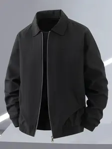 Men's Lightweight Casual Jacket, Zipper Closure, Stand Collar Design, Simple Men's Solid Color Outerwear, Easy Care Fabric