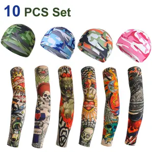 Cool 10PCS Summer Essentials Sets 6 Pcs Temporary Tattoo Arm Sleeves+4PCS Camouflage Cooling Helmet Liner Caps Sun Protection Breathable Quick Dry Beanie Skull Caps and Tattoo Arm Sleeves for Men Women Cycling Hiking