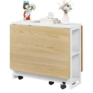 White Folding Dining Table with 6 Wheels & 2-Layer Storage Shelf Space Saving Collapsible Expandable Rectangle for Dining Kitchen Room