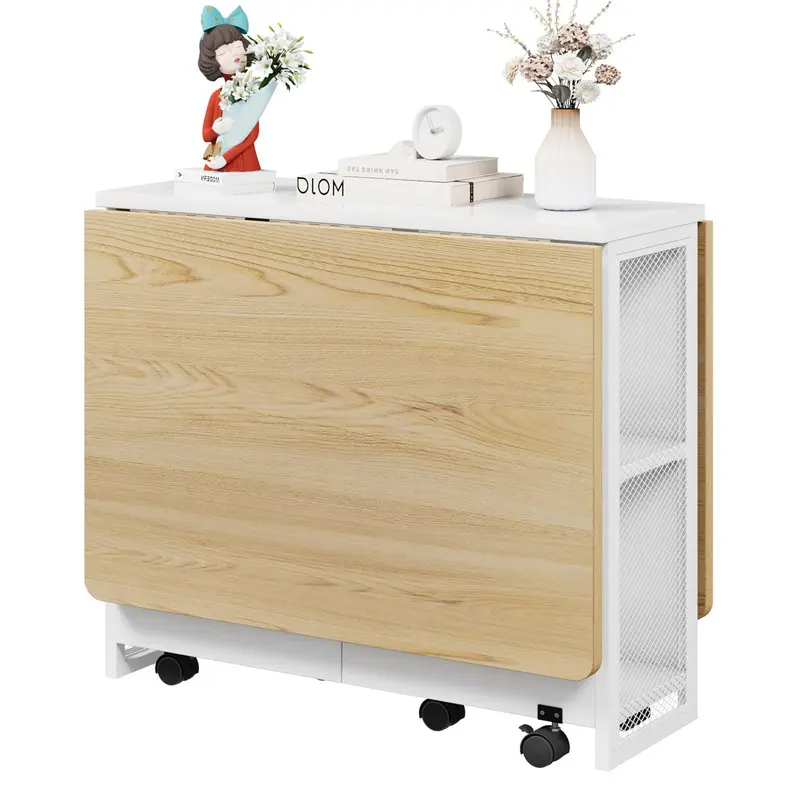White Foldable Rectangle Dining Table - Compact, Space-Saving, Collapsible, Expandable, 6-Wheel, 2-Layer Storage Shelf for Dining, Kitchen Rooms, Two-Shelf