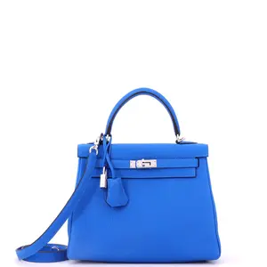 Pre-owned HERMÈS Leather Top Handle Bags Hermes Kelly Handbag New Bleu Hydra Togo with Palladium Hardware 25 by Rebag