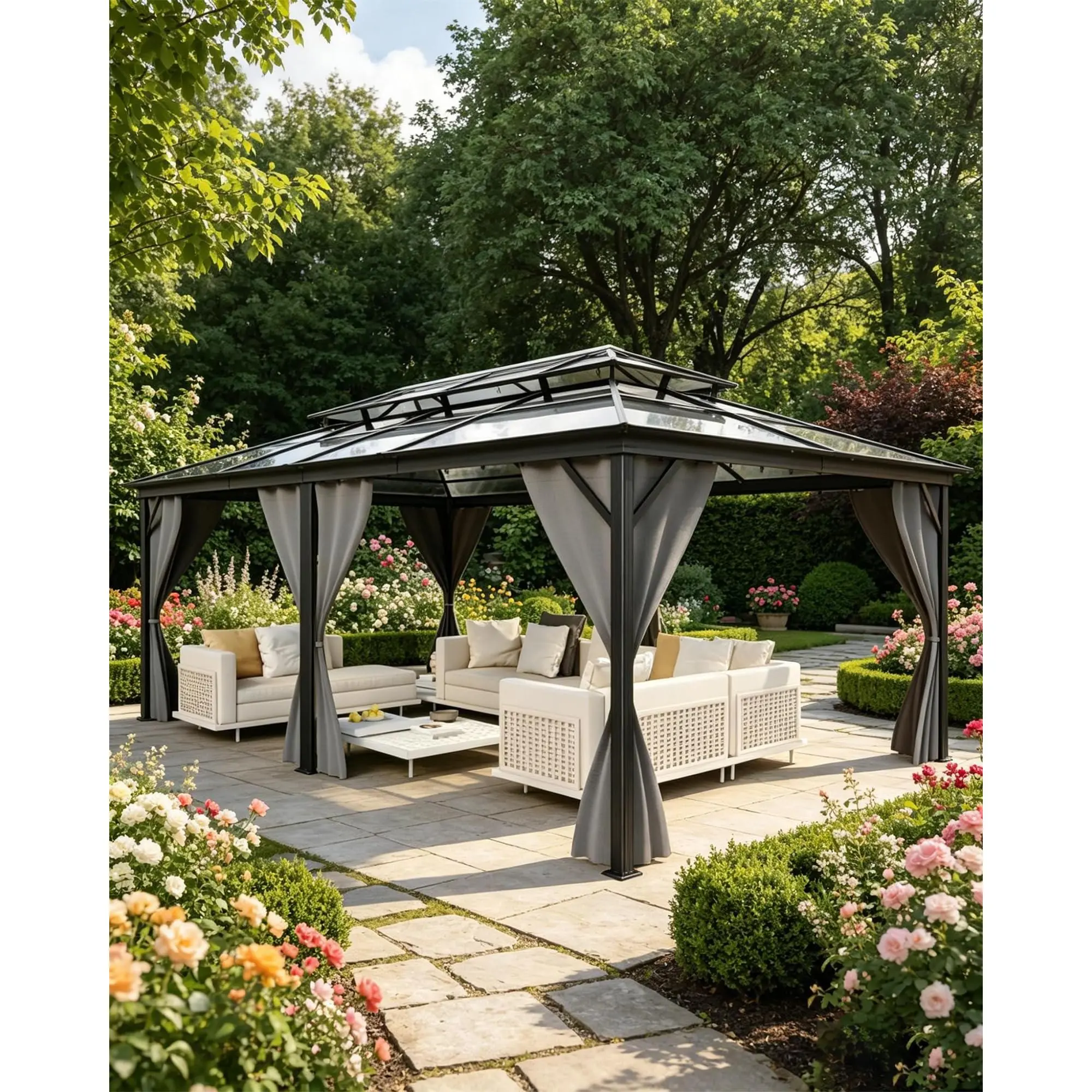 12' x 20' Permanent Hardtop Gazebo, Sturdy Aluminum Frame with Double Polycarbonate Roof, Includes Mosquito Netting & Curtains for Patio, Lawn & Garden