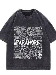 Vintage Washed Black | Paramore Graffiti Rock Graphic Print T-shirt Worn in Emo Cool Casual: Paramore Retro Washed Short Sleeve