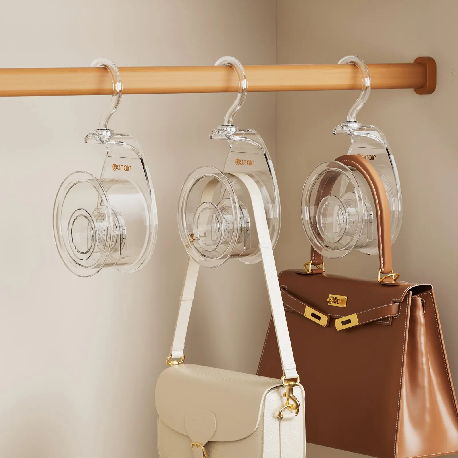 Multi-functional Circular Purse Holder Organiser - Smooth Teardrop Design to Prevent Pinching, 360° Rotating for Easy Access, Detachable Scent Box for Moisture Control & Freshness, with Sticky Hook