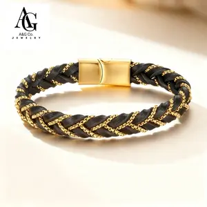 A&G Co. Men's Braided PU Leather Bracelet with Gold-Tone Stainless Steel Magnetic Buckle - 21 cm, Lightweight & Durable, Black/Gold Color, Perfect Gift