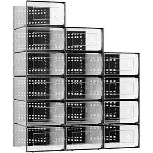 X-Large Shoe Storage Box, 15 Pack Clear Plastic Stackable Shoe Organizer for Closet, Interlocking Design Shoe Container Bins for Sneakers, Foldable Shoe Rack with Lids, Black shoe rack organizer hat organizer