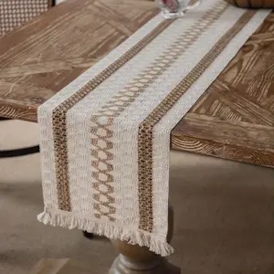 Boho Style Tablecloth, Linen Washable Vintage Woven Tablecloth with Fringe, Perfect for Rustic Home, Weddings, Parties, Kitchen Decor