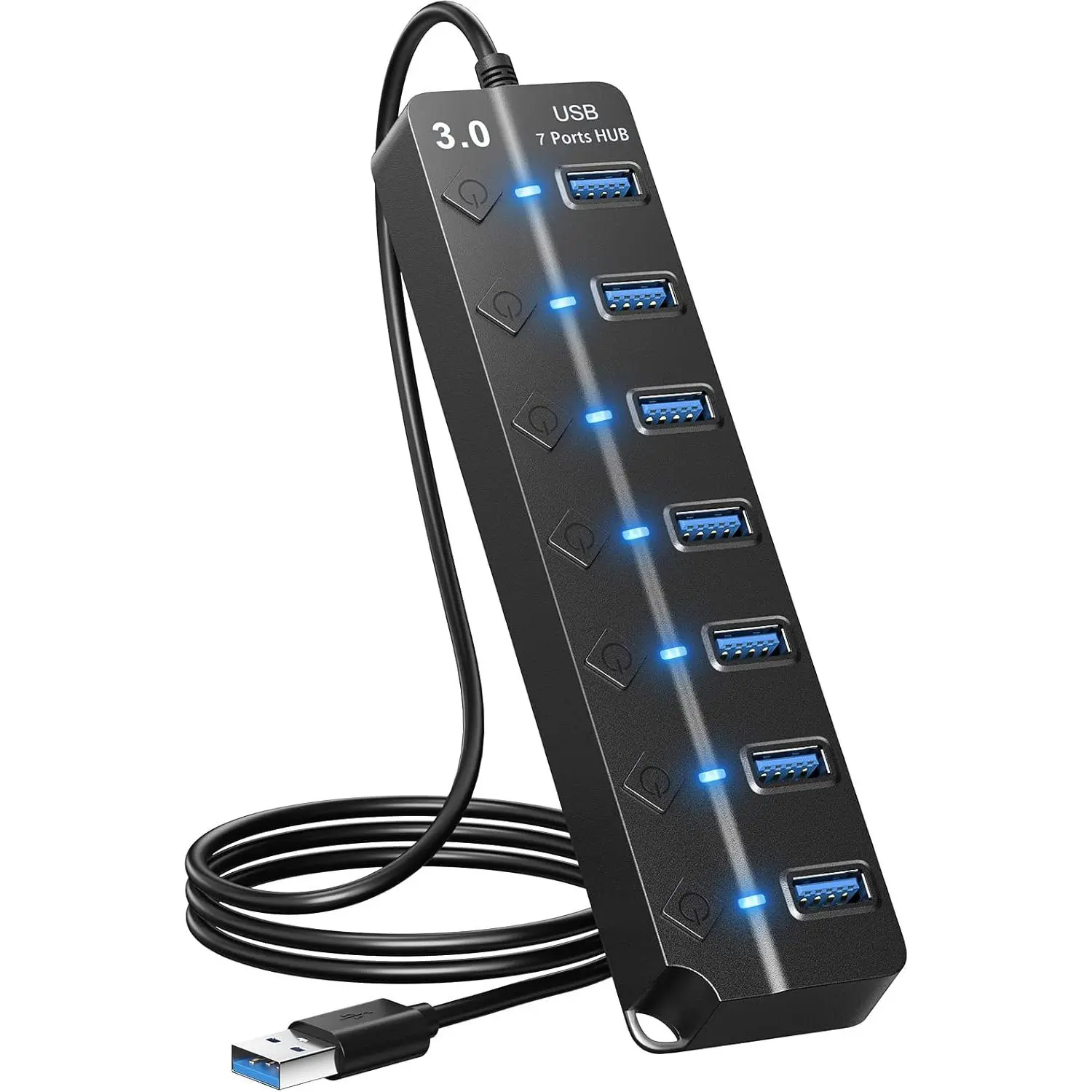 USB 3.0 7-Port USB Hub Splitter with Individual On/Off Switches, Lights & 3.2ft/1m Cable - Wide Compatibility for Laptops, Flash Drives, Mobile HDDs - Ideal for Traveling, Working