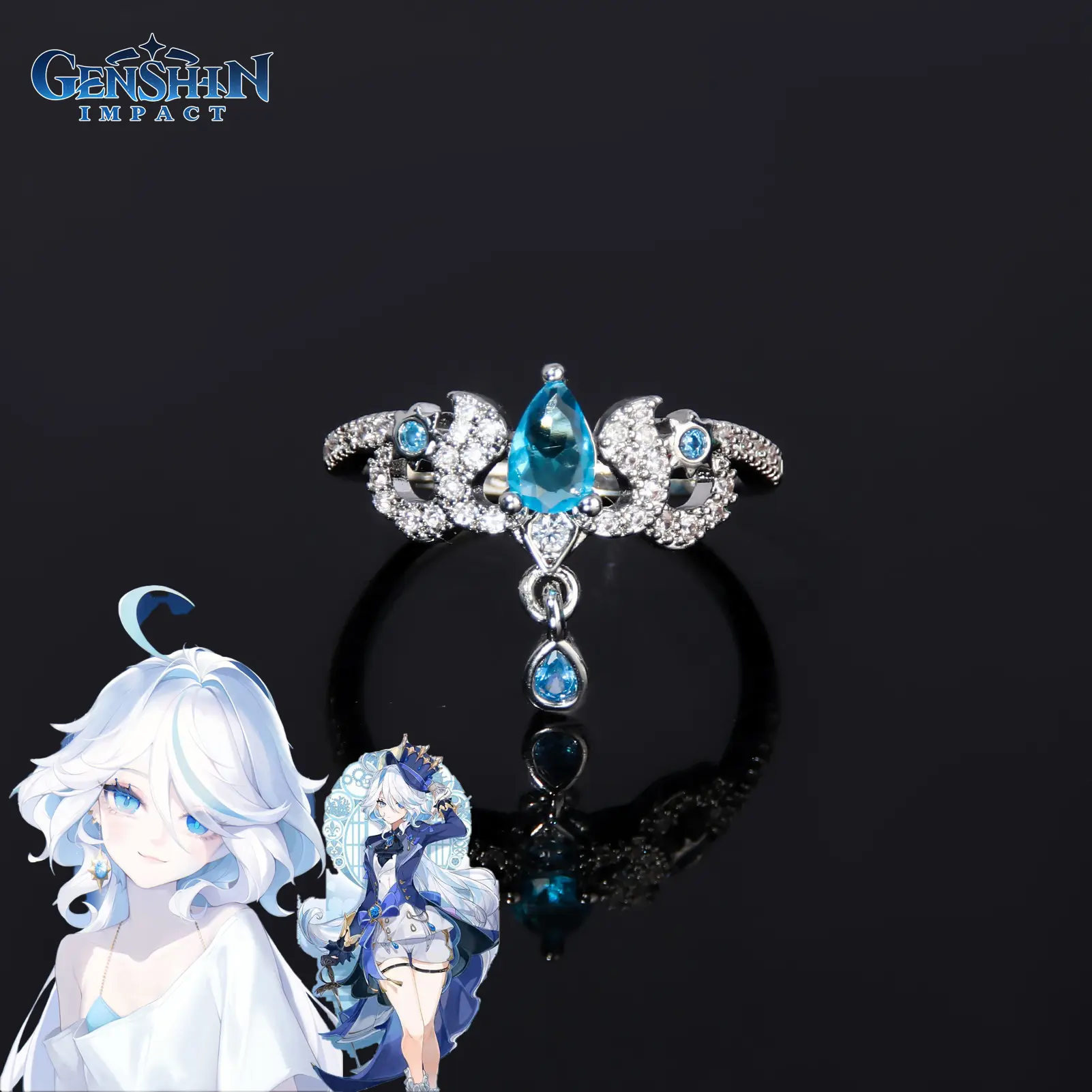 Game Genshin Impact Ring Blue Gem Adjustable Fukaros Rings Cosplay Props for Women Men Jewelry Accessories Gifts