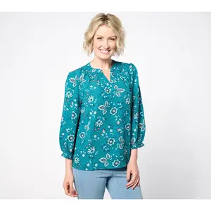 Denim & Co. Printed Balloon Sleeve Smocked Blouse