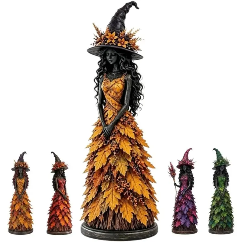 Spooky Enchanted Autumn Witch Figurine - Fall Halloween Tabletop Statue with Leaf Gown, Home Decor Accessories for Mantel Shelf, Room Decorations