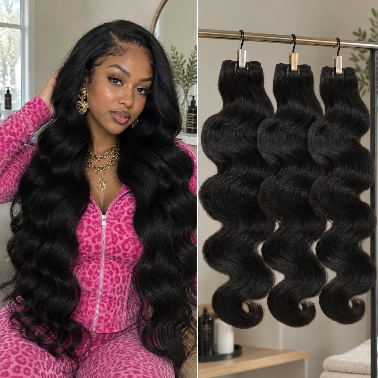 Women’s Body Wave Human Hair Bundles - Body Wavy Weave Sew In Extensions Hair, Natural Black Full Volume Thick Ends, Smooth Silky Glossy Weft, Easy-to-Style for Everyday Wear