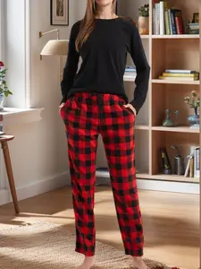 Two-Piece Set Women's Long Sleeve Tee & Plaid Print Drawstring Waist Pants Pyjama, Casual Comfy Round Neck Top & Trousers Set, Women's Sleepwear for Fall & Winter Pajamas