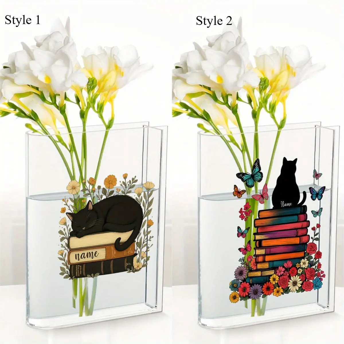 1pc Personalized Book Vase Custom Name Sleeping Black Cat with Floral Accents Acrylic Decorative Centerpiece for Home Office Birthday Christmas Perfect Gift for Cat & Book Lovers