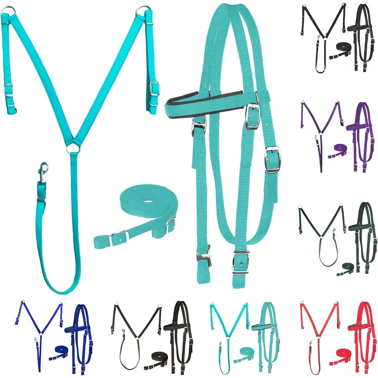 Full Size Nylon Padded Equestrian Set - Includes Browband, Headstall, Reins & Breastcollar for Horses (Party Supplies Gift Option)