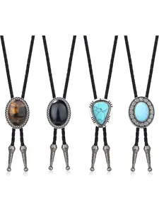 4Pcs Bolo Tie for Men Western Cowboy Natural Tiger Eye Leather Necktie Halloween Costume Accessories for Men Women