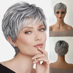 Short Grey Wigs for Women Pixie Cut Wig Natural Layered Synthetic Short Hair Wig for Women Gray Hair Replacement Wigs with Bangs Daily Use Halloween Wig