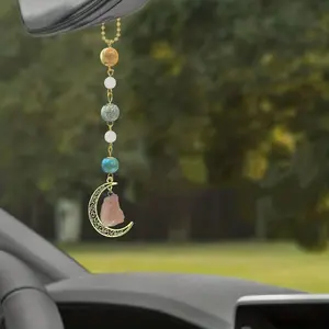 Bohemian Moon Hanging Ornament + Car Pendant Decor, Crystal Pearl Rearview Mirror Charm, Cute Ceramic Accessory for Women's Cars