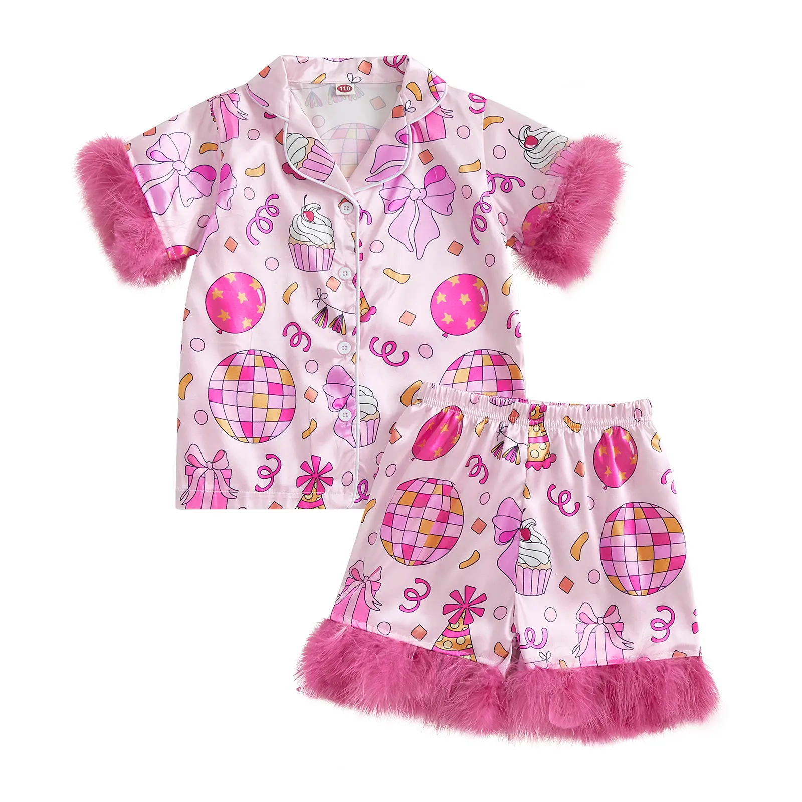 REDWOON Birthday Toddler Baby Girls Summer Silk Pjs Feather Trim Short Sleeve Shirt Shorts Satin Pajama Set Kids Satin Pjs Sleepwear Nightgown
