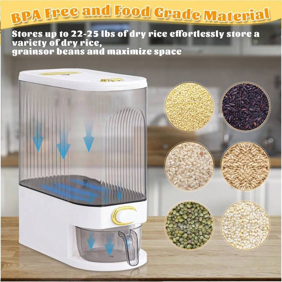 A large-capacity rice storage container with a measuring cup, moisture-proof and insect-proof sealed storage container, suitable for storing rice, grains, flour, dog food, pet food, household sealed rice container, and household kitchen supplies