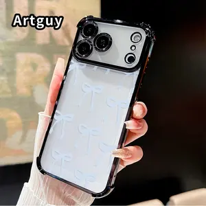 Compatible with iPhone 17 16 Pro Max 15 Plus 14 13 12 11 E Air Phone Case Blue Bow Elegance Pattern Transparent Full Coverage Four Corners Anti-drop Casing