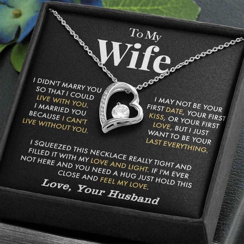 To My Wife Anniversary Necklace with Cubic Zirconia Pendant Love Heart Gift for Wife Birthday Present White Gold Over Stainless Steel Adjustable Chain 18-22 Inches