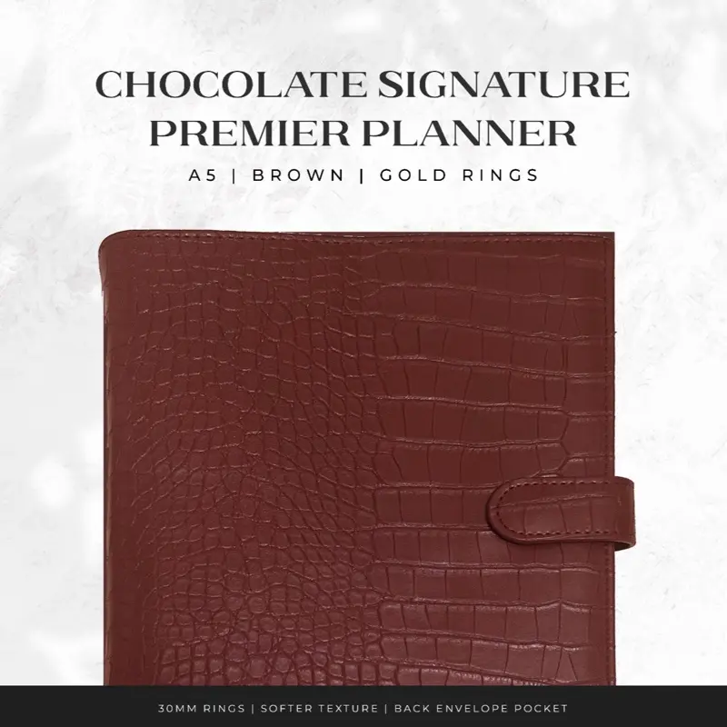 Vanity Collection Co. A5 Planner Croc Hot Chocolate Planner with Gold Rings Cocoa Brown Agenda with Top Back Pocket & Leaflet