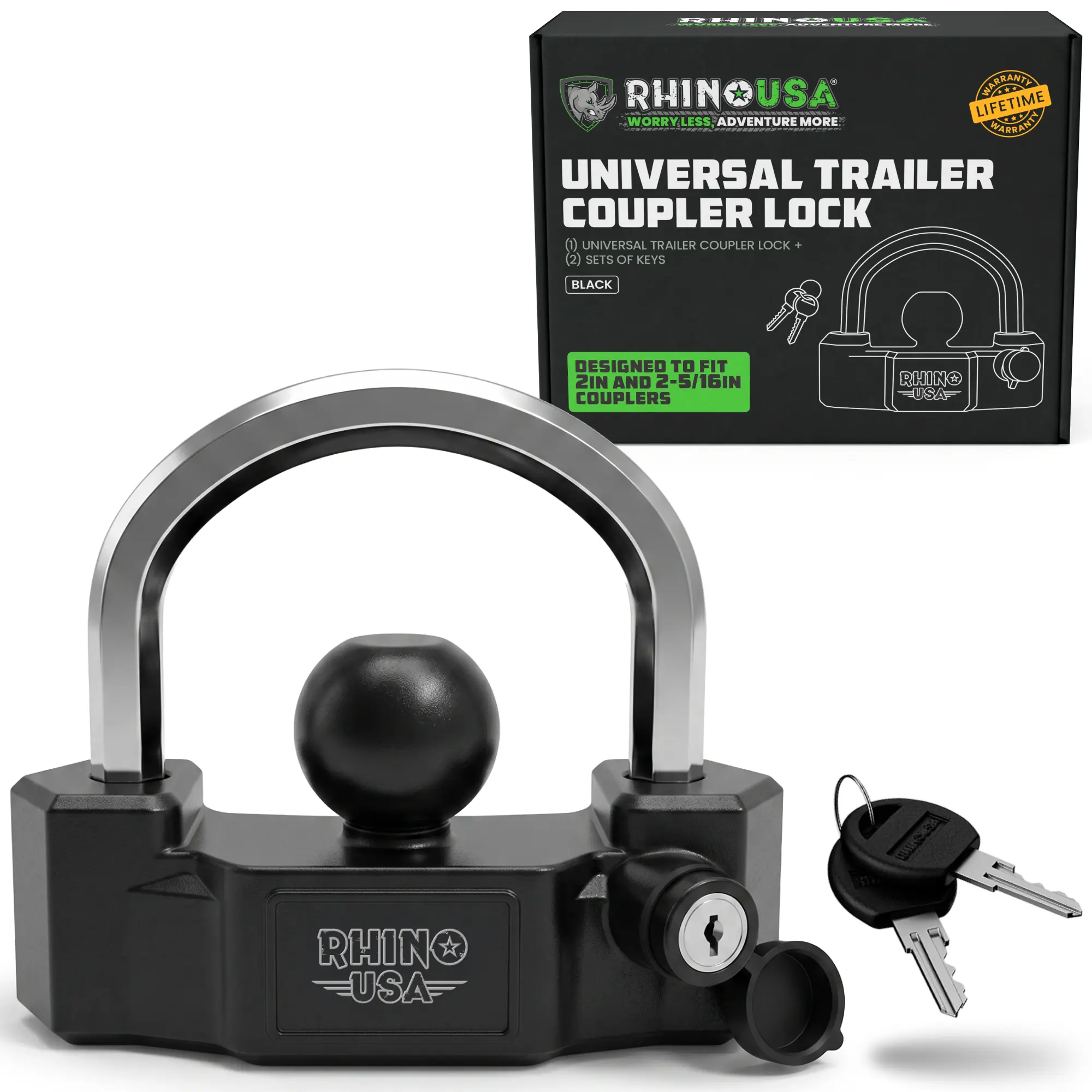 Rhino USA Universal Trailer Coupler Lock, Heavy Duty Adjustable U-Bolt, Steel Trailer Hitch Security Lock for Utility, Boat & Travel Trailers; Adjustable Universal Fit Helps Prevent Unauthorized Hookup
