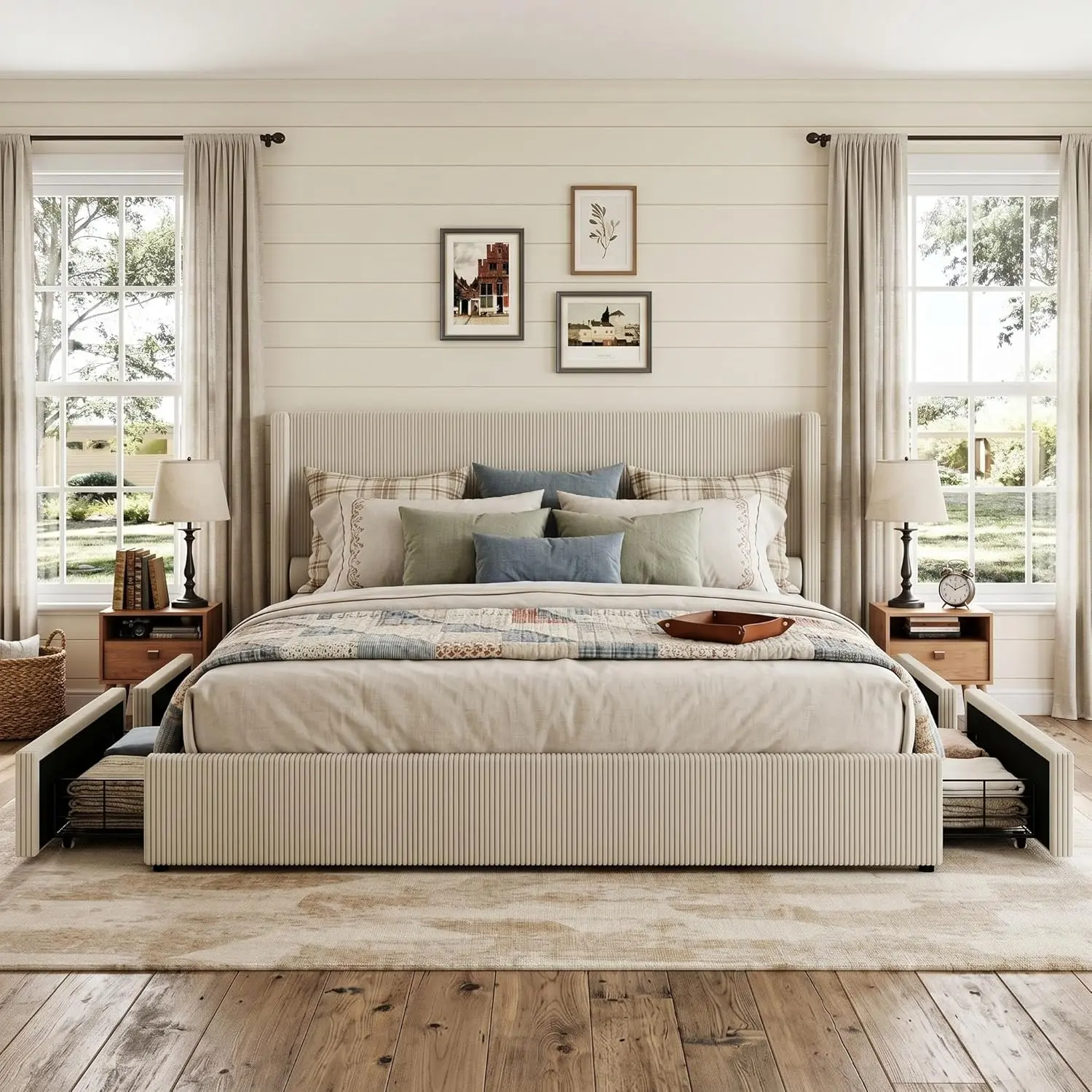 Beige Corduroy Upholstered Queen-King Size Bed Frame with Wingback Headboard, Footboard, Storage Drawers, Storage Organization, No Box Spring Needed