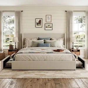 Corduroy Upholstered Bed Frame Set with Wingback Headboard, Footboard and Storage Drawers - Queen/King Size, No Box Spring Needed, Beige Queen Bed Frame