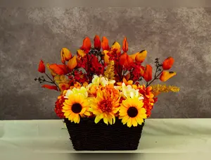 Fall Basket Centerpiece, Sunflower Dahlia Arrangement, Faux Hydrangea Peony, Autumn Table Decor, Thanksgiving Floral, Rattan Basket
