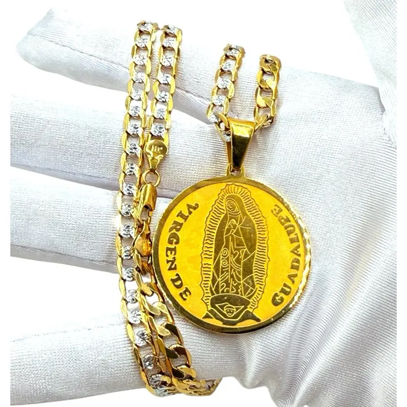 Virgin of Guadalupe Reverse Aztec Calendar Gold Plated on Stainless Steel
