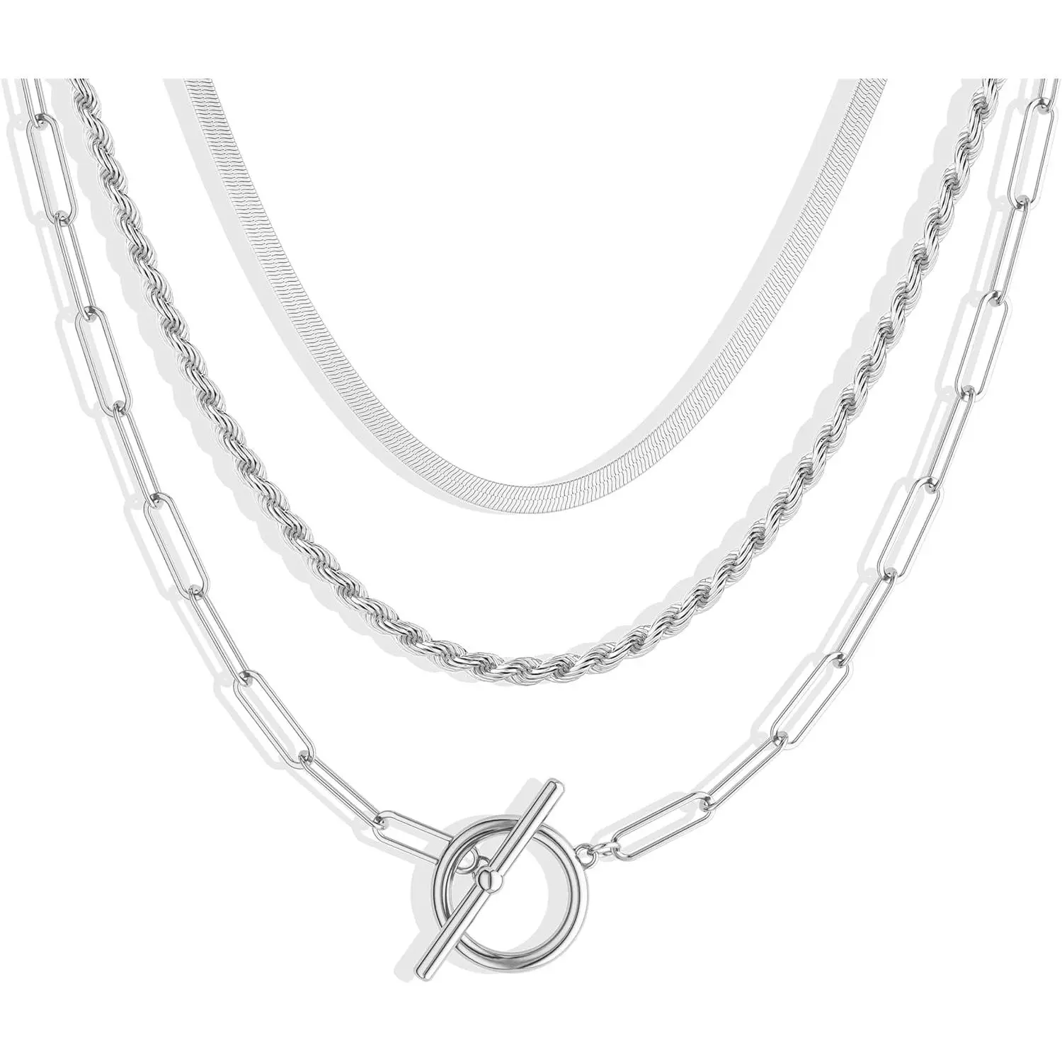 Gold Layered Toggle Necklaces for Women: 14K Gold Plated Dainty Link Chain Necklaces Paperclip Cuban Rope Adjustable Choker T-Bar Toggle Clasp Chunky Necklace for Women Trendy Jewelry