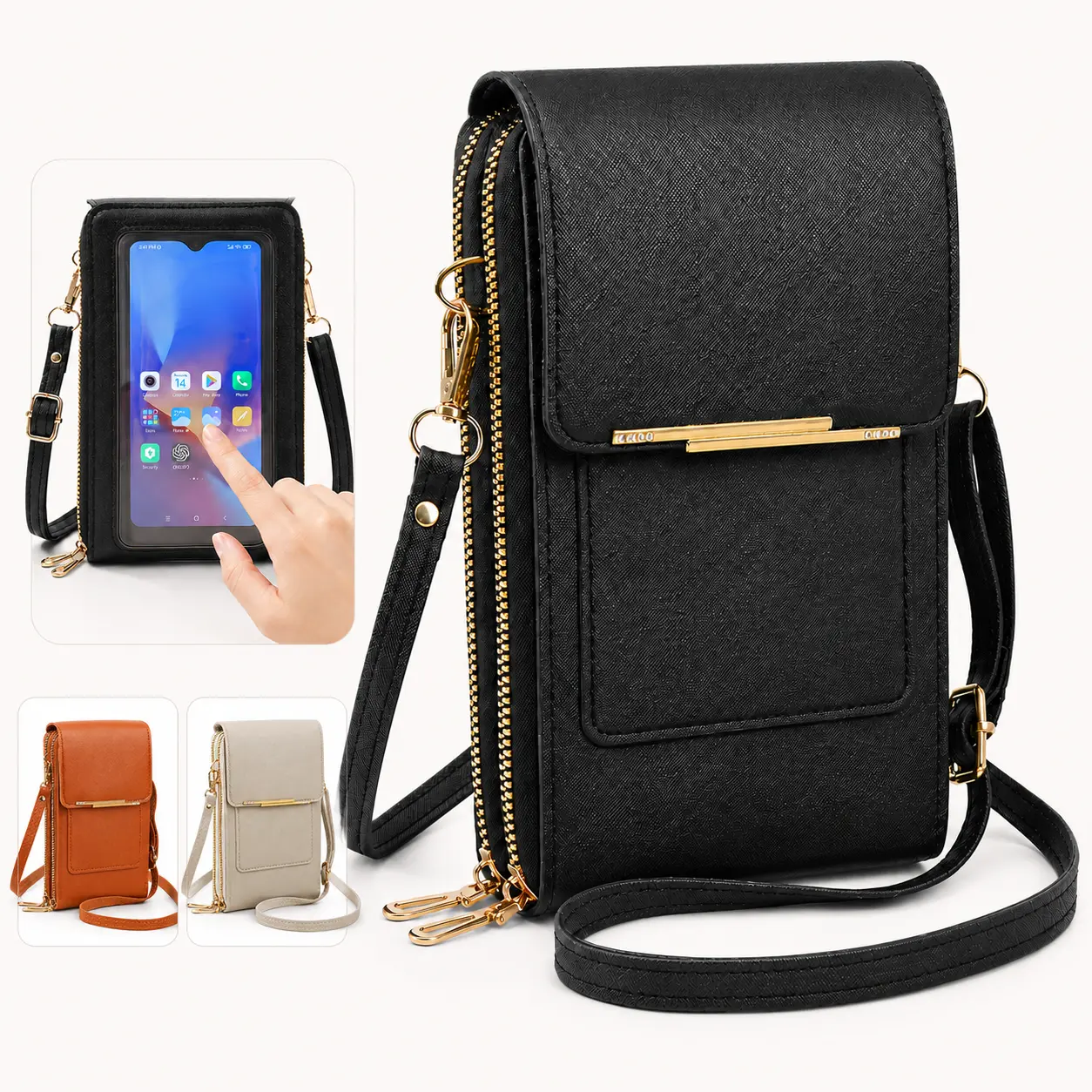 Touchscreen Sensitive Phine Bag with Clear Window, Phone Messenger Bag with 3 Card Slot and Dual Zipper, Mini Shoulder Cellphone Handbag for Travel Daily Shopping