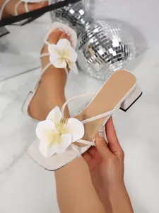 French Style Spring Fall PU Sandals, Floral Decoration Open-Toe Heels, Elegant Chain Design, Perfect for Beach, Work, Dates