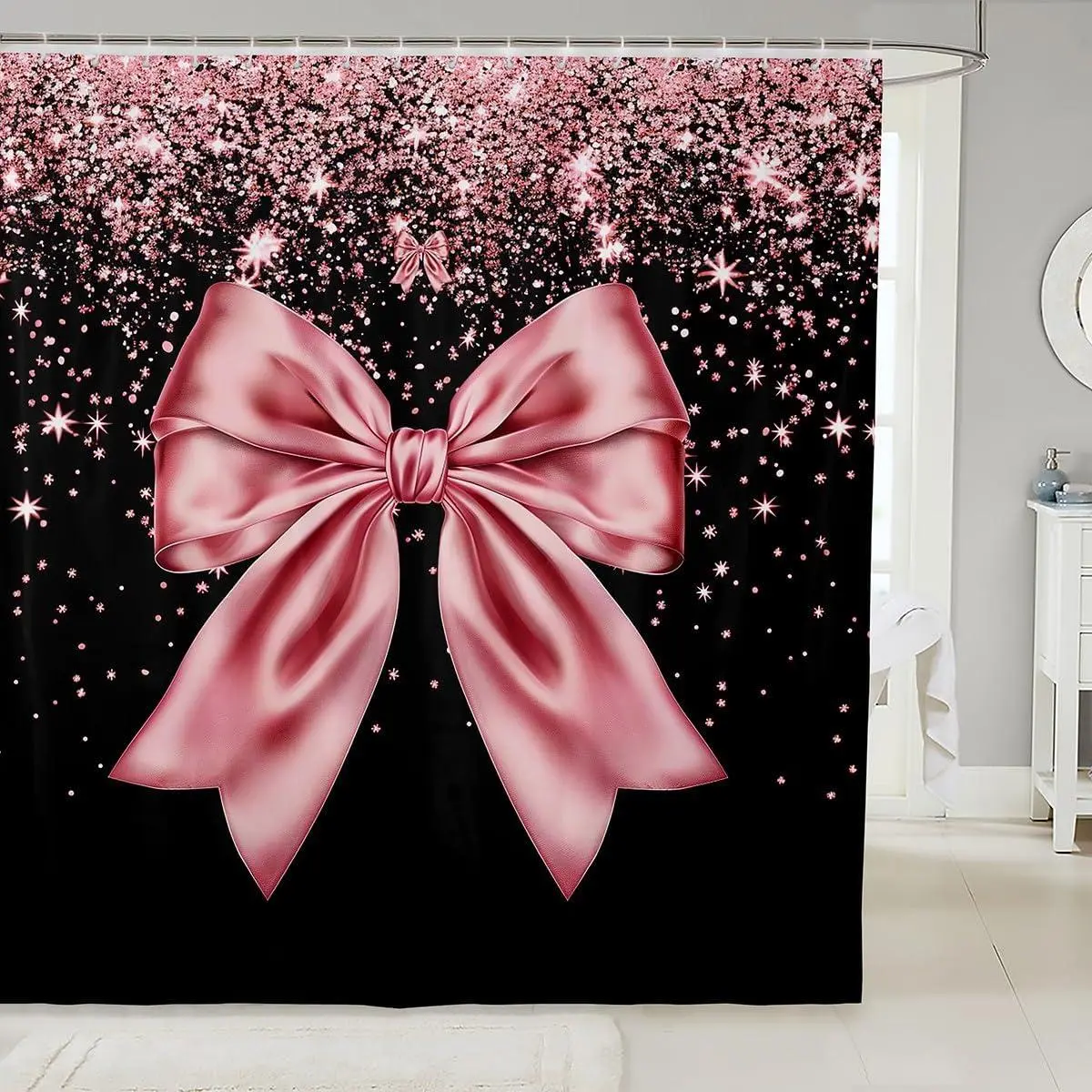 Pink Bowknot Shower Curtains,Pink Glitter Dreamy ish Bathroom Curtains Adults,Beauty Glamorous Fashion Sweet Romantic Waterproof Curtains,12 Hooks Suits