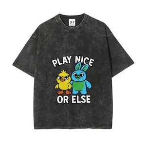 Play Nice Or Else T-Shirt | Funny Ducky & Bunny Cartoon Graphic Tee | Vintage Washed Retro Acid Wash Top | Soft Cotton Casual Streetwear | Perfect Gift for Cartoon Fans and Sassy Humor Lovers