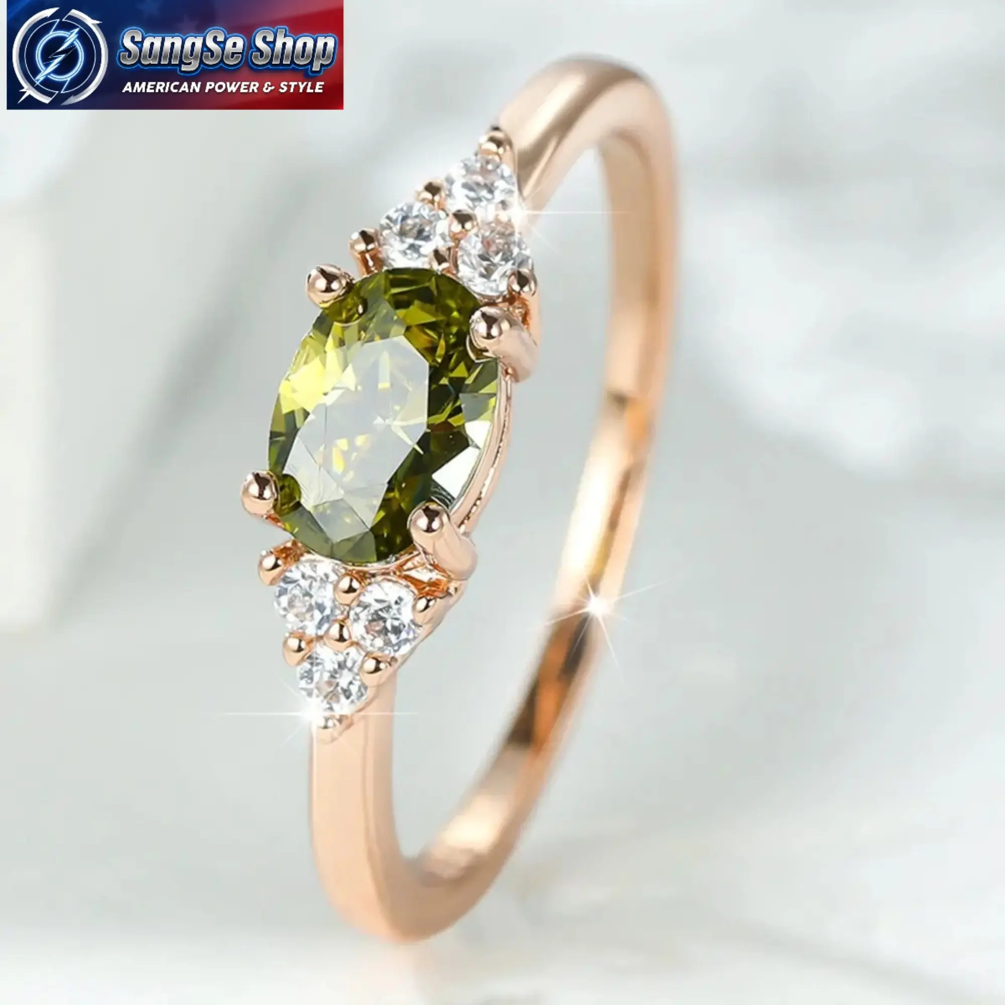 Women's Dainty Peridot Rose Gold Ring, 4-Prong Zircon Setting, Micro Pave Detail, Minimalist Stackable Design, Sizes 6-10, Sparkly Promise Engagement Gift