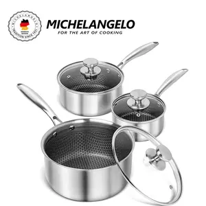 MICHELANGELO Stainless Steel Saucepan Set 1QT & 2QT & 3QT, Premium Triple Ply Sauce Pan with Lid, Sauce Pot with Honeycomb Interior Nonstick