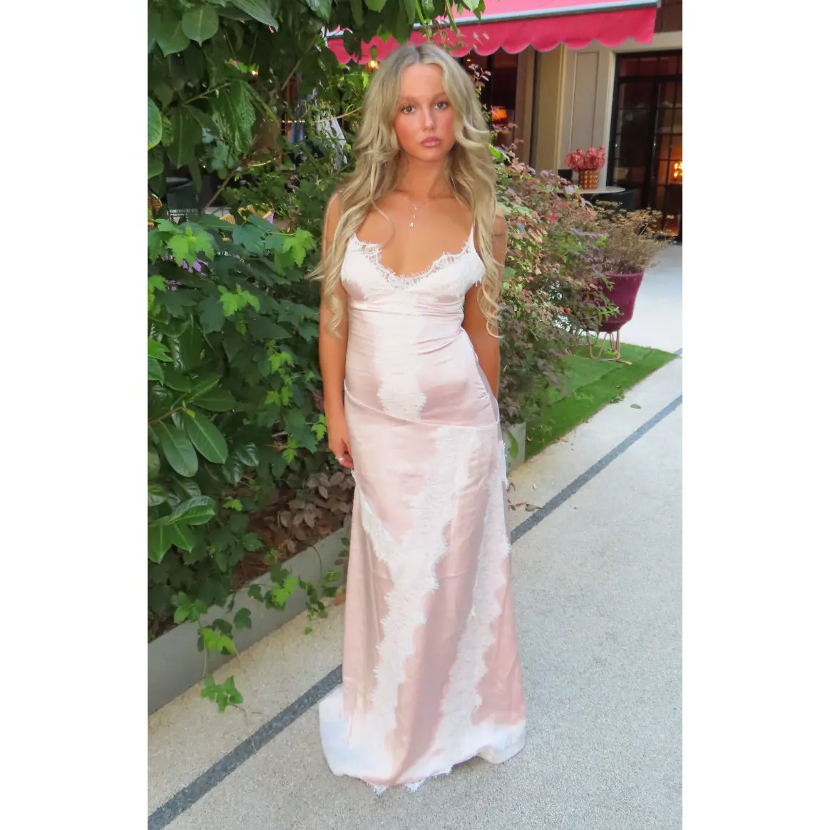 Shanae Pink Satin Lace Trim Maxi Dress