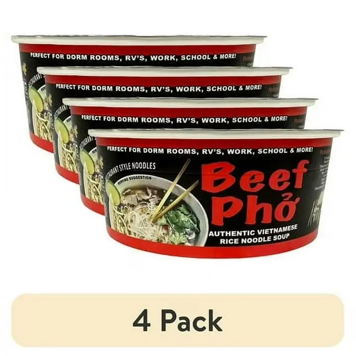 PhoLicious Instant Beef Pho Vietnamese Rice Noodle Soup Food - 4-Pack Single Serve Bowls, Ramen Alternative