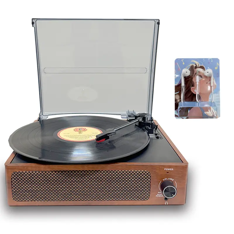 Vintage Design Walnut Wood 3-Speed Turntable with Wireless Audio, Built-in Stereo Speakers, Wired 3.5mm Headphone Jack, RCA Line-Out