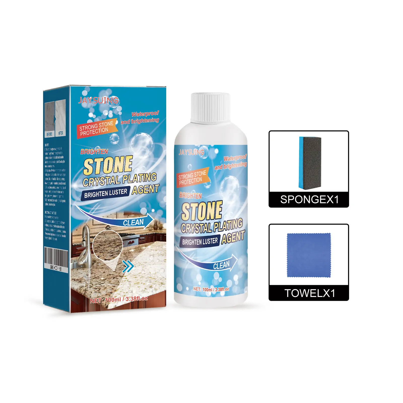 Jaysuing Stone Crystal Coating Agent Set - Automotive Sheet Metal Scratch Repair Liquid, Easy-Apply Surface Cleaner with Mineral Oil & Polydimethylsiloxane, Towel-Included Mirror Shine Descaler for Quartz Tile Stain Removal