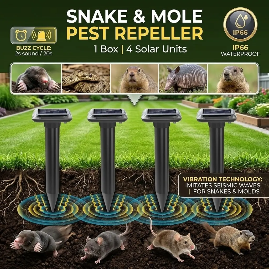 SAIJZEK Outdoor Solar-Powered Ultrasonic Pest Repellent 2-Pack/4-Pack, Upgraded IP66 Waterproof Deterrent for Snake, Mole, Rabbit, Skunk, Gopher, Groundhog& Vole in Lawn & Garden Insect Repellent mouse Home Pest Control, Racoon Repellent Outdoor, Raccoon