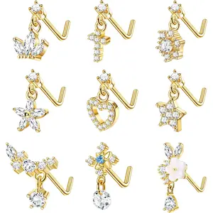 Trendy Summer 9 PCS Dangle Nose Rings - L Shaped for Women, 20G Stainless Steel Nose Rings Studs with CZ Cross, Crown, Flower, Heart Dangling Piercing Jewelry
