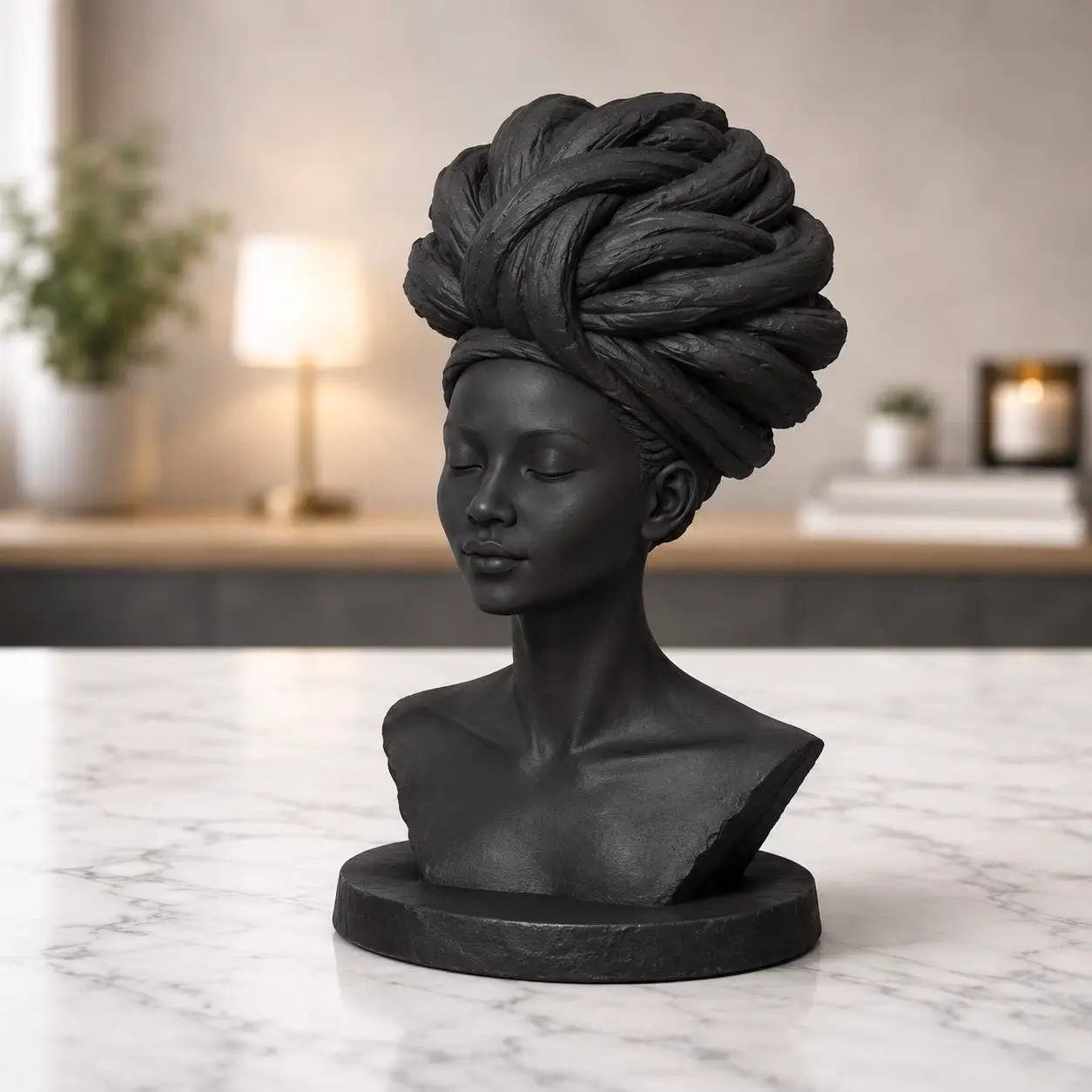 Women's Bust Sculpture - Modern Headwrap Statue, Minimalist Black Smooth Lightweight Home Decor, Ideal Gift for Storing Brushes, Beauty Products in Organizer Boxes Decorative Home Ornament
