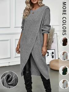 women's plain high low hem wrap tunic sweater dress, casual drop shoulder long sleeve dress for fall & winter, women's clothing for daily wear