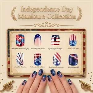 Independence Day Press on Nails Red Blue White Patriotic American Flag Star Reusable Glue-On Nail Art Holiday Gifts