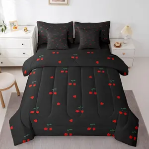 Kids Red Cherry 7 Pieces Bedding Set,Cute Cherry Pattern Bed Bag,Yummy Fruit Love Hearts Bed Set,Includes Comfortersheet Set,Pillowcases