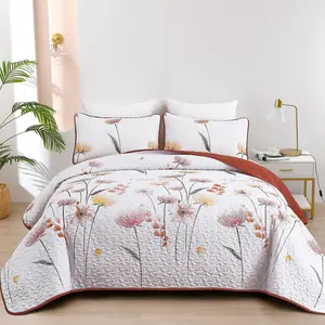 Floral Set Full/Queen Size,Burnt Orange Bedspread Queen Botanical 3 Pieces Cute Microfiber Lightweight Flower Coverlet Sets Soft Reversible White Bedding Set for All Season( 96"x90")